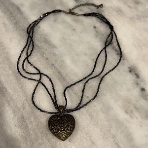 Brassy Gold 3D Reversible Heart Pendant Triple Navy Beaded Transparent Necklace